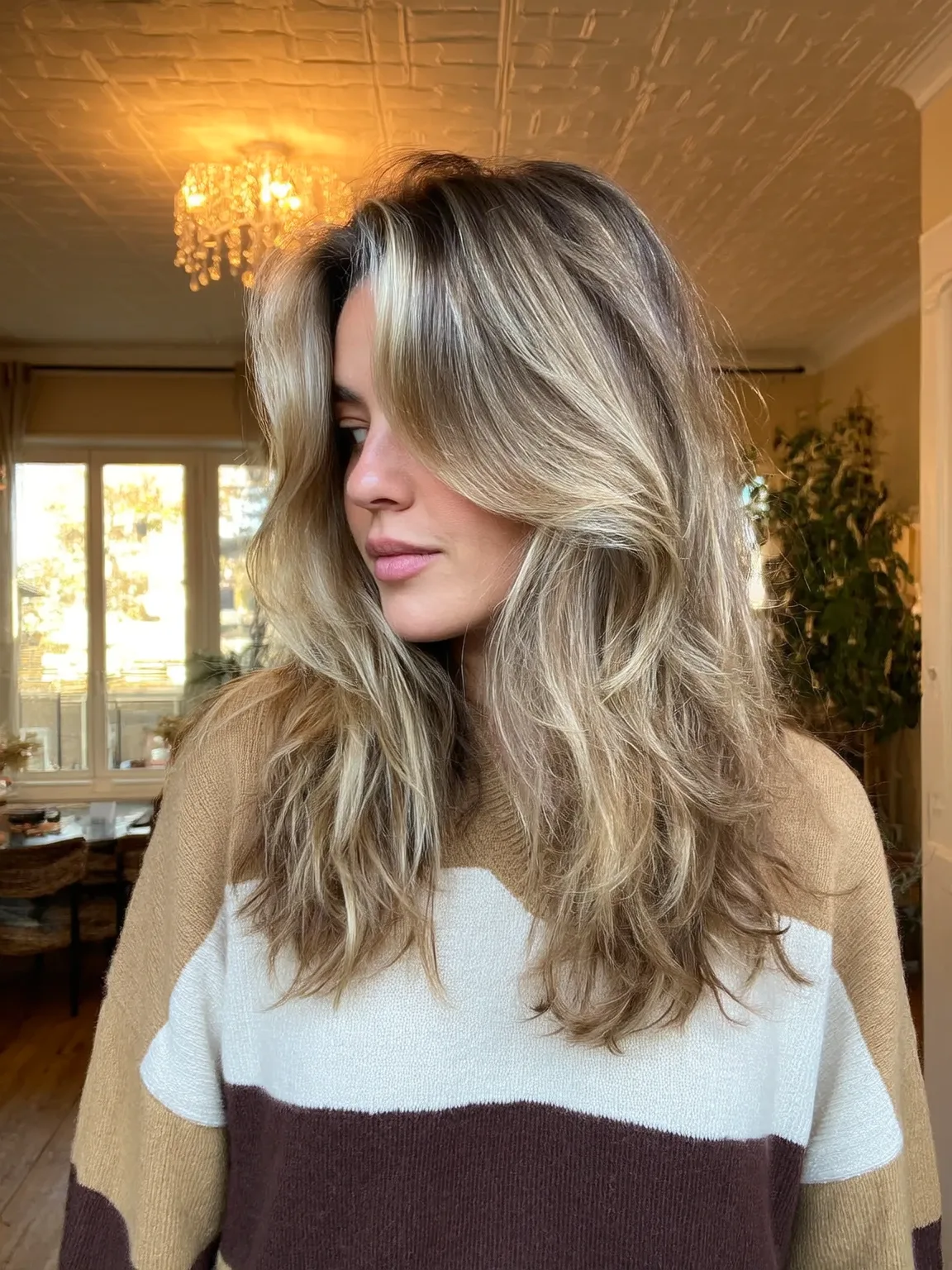 Long Layered Waves with Sandy Blonde Balayage